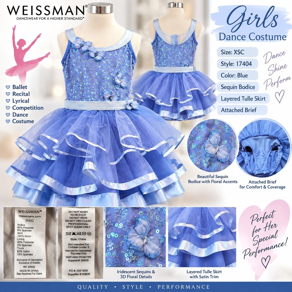 Weissman Girls Blue Sequin 3D Floral Dance Costume Tutu Dress 17404 XSC